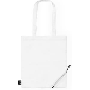 A white tote bag with long handles and a drawstring feature at the bottom. It has a logo on one side.