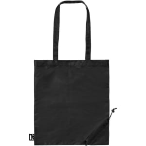 A black tote bag with two handles, featuring a zippered compartment for storage. Has branding on the side.