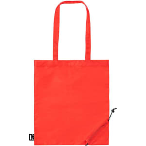 A red tote bag with long handles and a zipped pocket on the side. It features a brand logo.