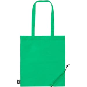 A green tote bag with two handles and a small zippered pouch on the side. It features a logo on the bottom.