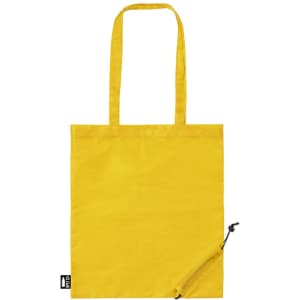 A yellow tote bag with long handles and a zippered pocket at the bottom. It features a small branding logo.