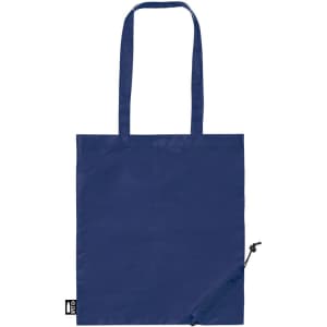 A navy blue tote bag with two handles, featuring a drawstring compartment at the bottom. It has a logo.