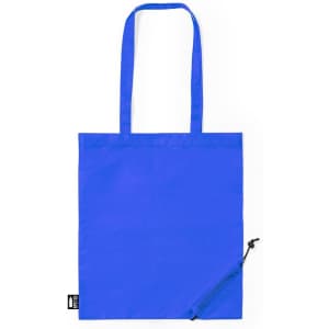 A blue tote bag with two handles and a pouch for storage. It features a logo on the side.