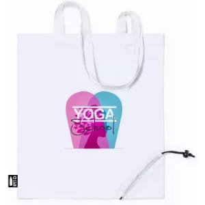 A white tote bag featuring a colourful yoga-themed design and a drawstring closure.