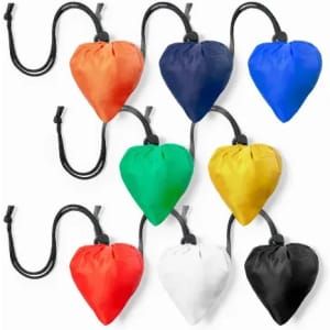A set of heart-shaped bags in orange, blue, green, yellow, white, and black, featuring drawstring closures.