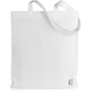 A tote bag in white with two shoulder straps and a subtle logo at the bottom.