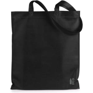 A black tote bag with two handles and a small logo at the bottom. The material appears durable and lightweight.
