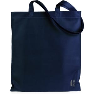A navy blue tote bag with two handles and a shoulder strap, featuring a logo on the side.