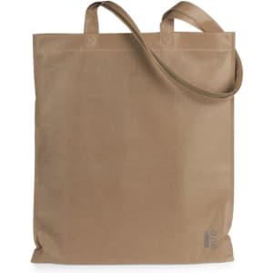 A reusable tote bag in a solid tan colour, featuring two handles and a simple design. It includes a logo.