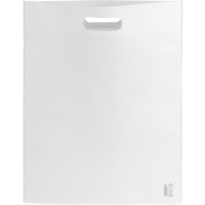 A white reusable shopping bag with a handle, featuring a simple design and a logo at the bottom.