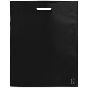 A black reusable shopping bag with a handle and a logo at the bottom. Simple and sturdy design.