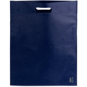 A navy blue tote bag with a handle and a textured finish, featuring a small logo at the bottom.