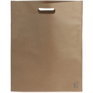 A brown paper bag with a handle, featuring a simple design and a logo on the lower corner.