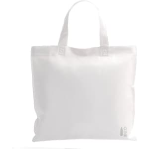 A white tote bag with two handles and a logo at the bottom. Simple and minimalist design.