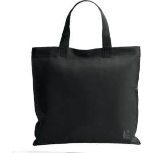 A black tote bag with dual handles and a logo on the side. The bag features a simple, sleek design.