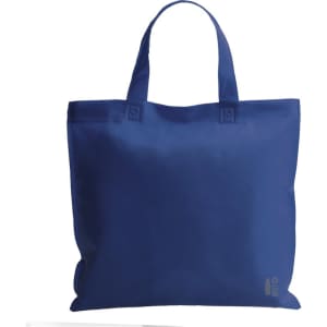 A blue tote bag with two handles and a logo on one side. The bag is made from a durable material.