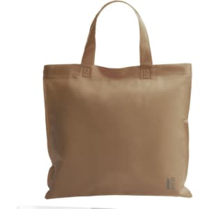 A brown tote bag with two handles, featuring a small logo on the bottom right corner.