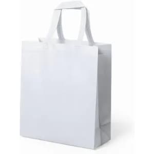 A white reusable shopping bag with handles, featuring a simple, clean design and a smooth surface.