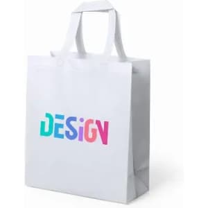 A white tote bag with a multicoloured "DESIGN" graphic and dual handles. It features a simple and modern aesthetic.