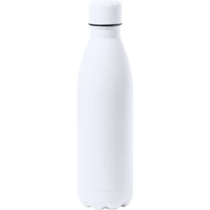 A drink bottle in white with a sleek design and a screw-on lid, featuring a branding logo.