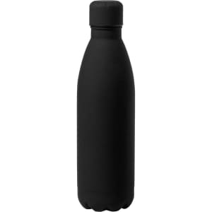 A drink bottle in matte black with a rounded base and a screw-top lid, featuring a logo on its surface.