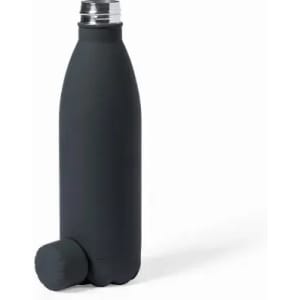 A drink bottle in matte black with a stainless steel lid and a silicone sleeve for grip.