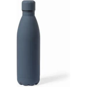 A drink bottle in dark grey with a cylindrical design and a screw-on lid, featuring a logo.