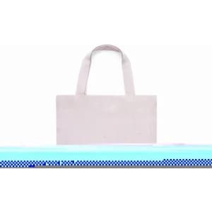 A light pink tote bag with two handles and a simple design. It features a logo on the front.