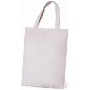 A tote bag in a soft beige colour with two handles and a simple design. It features a logo on one side.