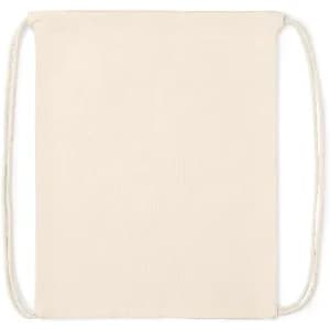A drawstring bag in a cream colour with white cords. Simple and unbranded design.