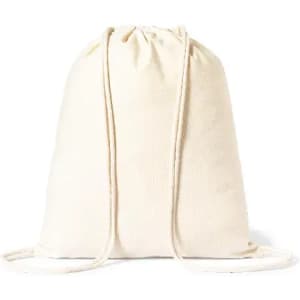 A drawstring backpack in off-white with matching straps and a simple, unadorned design.