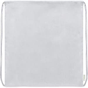 A grey drawstring bag with thin cords for closure and a logo visible on one side.
