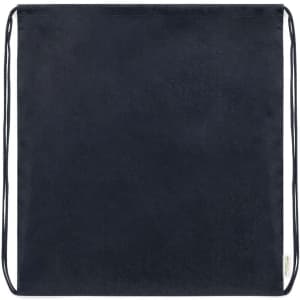 A drawstring bag in navy blue with a plain surface and two cords for closure. It features a small logo.