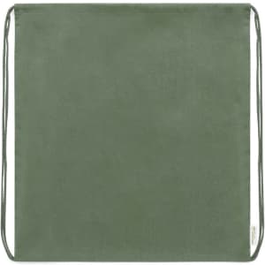 A drawstring bag in a muted green colour, featuring a simple design and a branding tag.