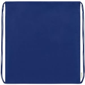 A drawstring bag in navy blue with two cords for closure. It features a logo at the bottom corner.