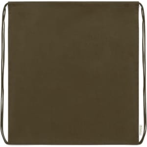 A drawstring bag in a dark olive green colour with two long cords for closure. It features a logo tag on one side.