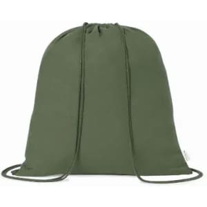 A drawstring bag in olive green with matching cord ties, featuring a logo on one side.