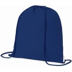 A drawstring bag in navy blue with a simple design and a logo on the front.
