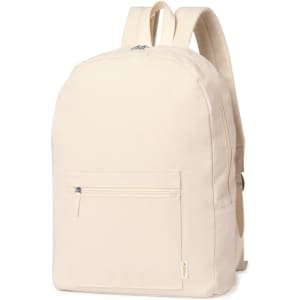 A backpack in a light cream colour with a front zip pocket and two straps. It features a simple, minimalistic design.