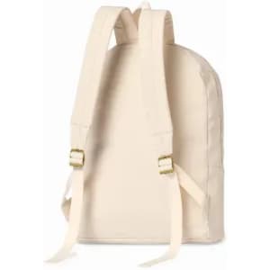 A cream-coloured backpack featuring adjustable straps and a simple design, with metallic buckles.