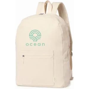 A backpack in a light beige colour featuring a logo with ocean-themed design and a front zipper pocket.