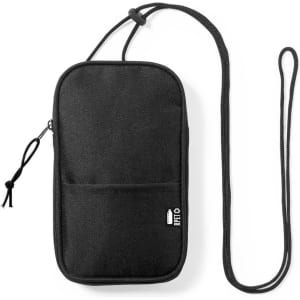 A black pouch with a strap, featuring a front pocket and a logo, suitable for carrying small items.