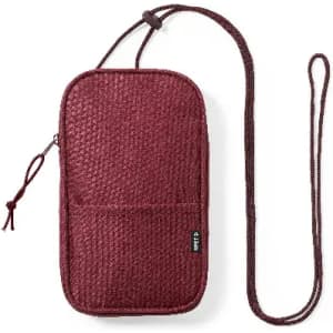 A maroon pouch with a textured finish, featuring a drawstring closure and an adjustable strap.