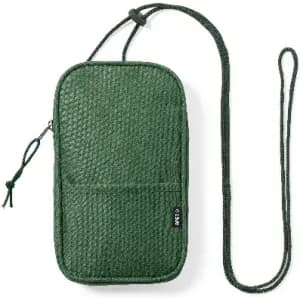 A green woven pouch with a strap, featuring a zip closure and a small logo.