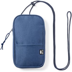 A small navy blue crossbody pouch with a zipper and adjustable strap. It features a logo and two front pockets.