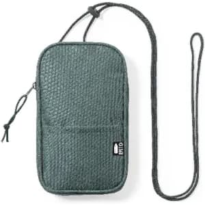 A green woven pouch with a detachable strap, featuring a small pocket and a logo.