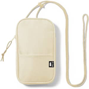 A cream-coloured pouch with a detachable strap and a front pocket, featuring a logo on the side.