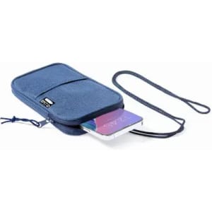 A navy blue phone pouch with a strap, featuring a zipped compartment and a card peeking out from inside.