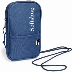 A blue crossbody pouch with a front pocket and a strap, featuring a logo on the front.