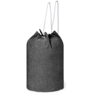A drawstring bag in dark grey fabric, featuring white drawstrings for closure. It has a simple and minimalist design.